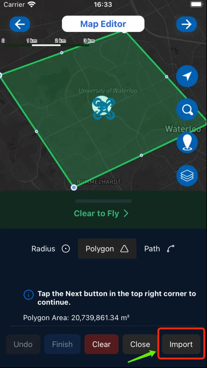 Importing a saved geometry inside the mobile mission map editor