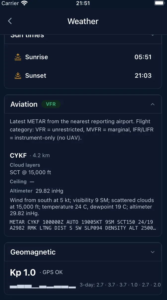 The nearest aerodrome METAR and ceiling, decoded
