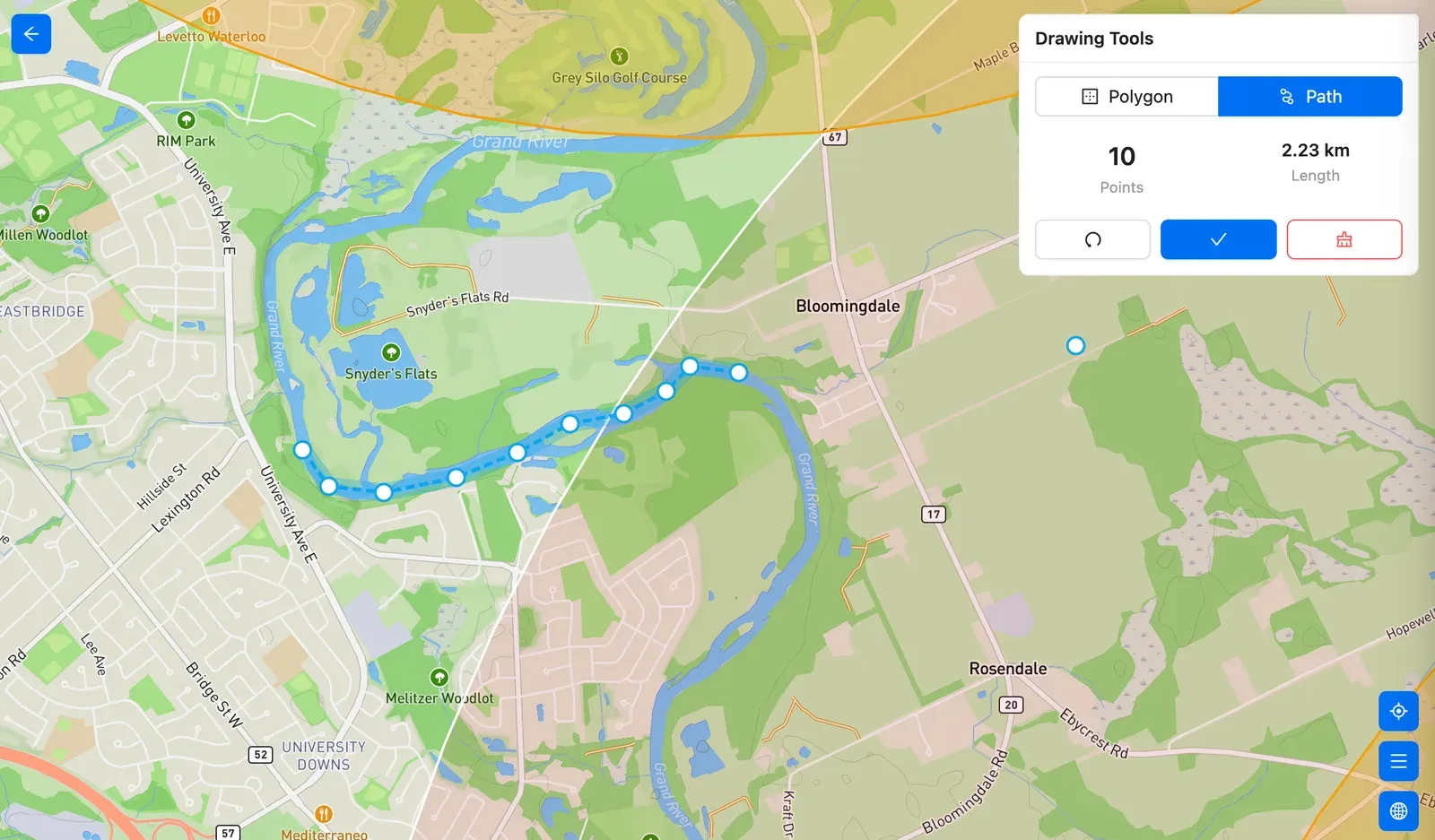 A path route wrapped in its automatic 40 metre corridor buffer