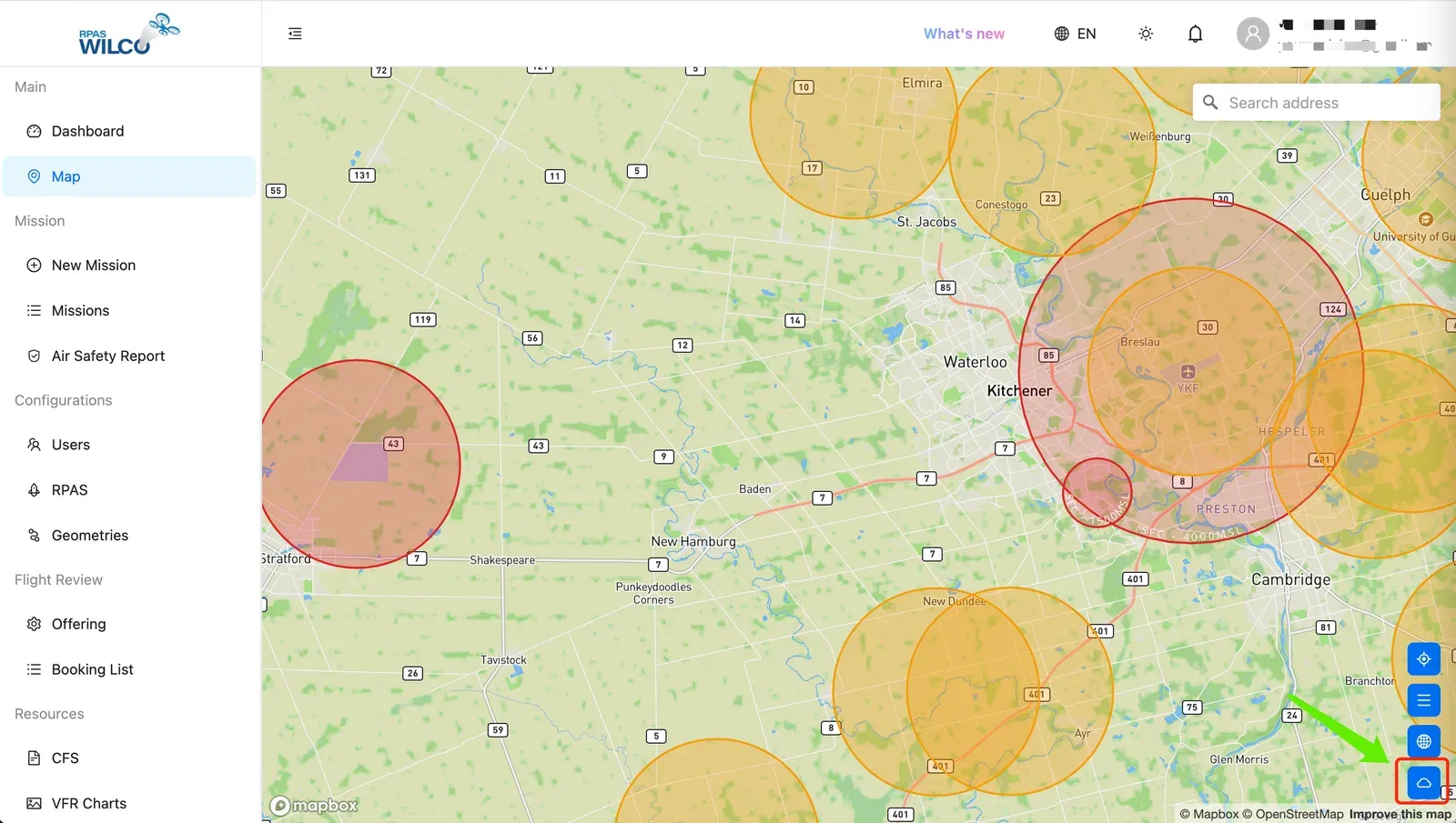 The Weather drawer open on a web map page